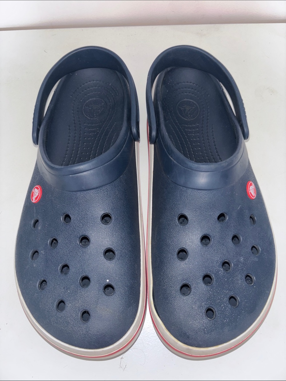 CROCS Navy Blue Slip-On Clogs with Red Accents